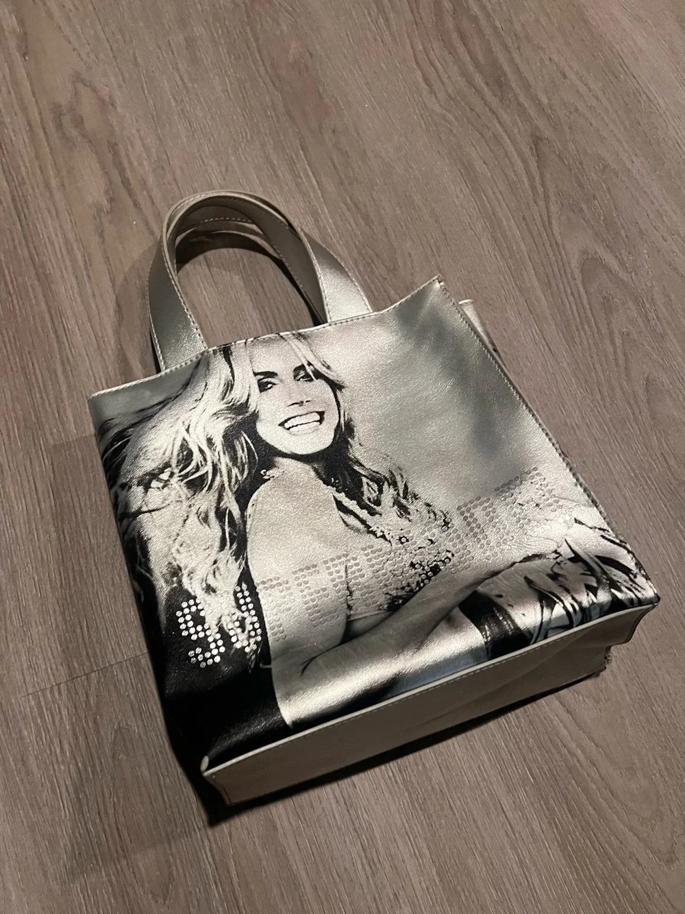 Victoria's Secret Silver Tote with Pink Interior and Photo Print